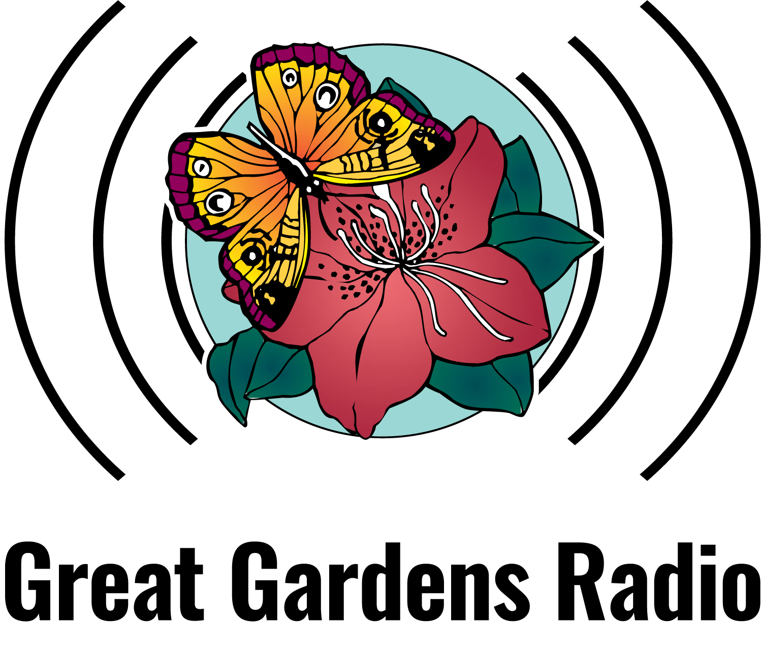 Illustration of a colorful butterfly resting on a red flower with green leaves, set against a black background.