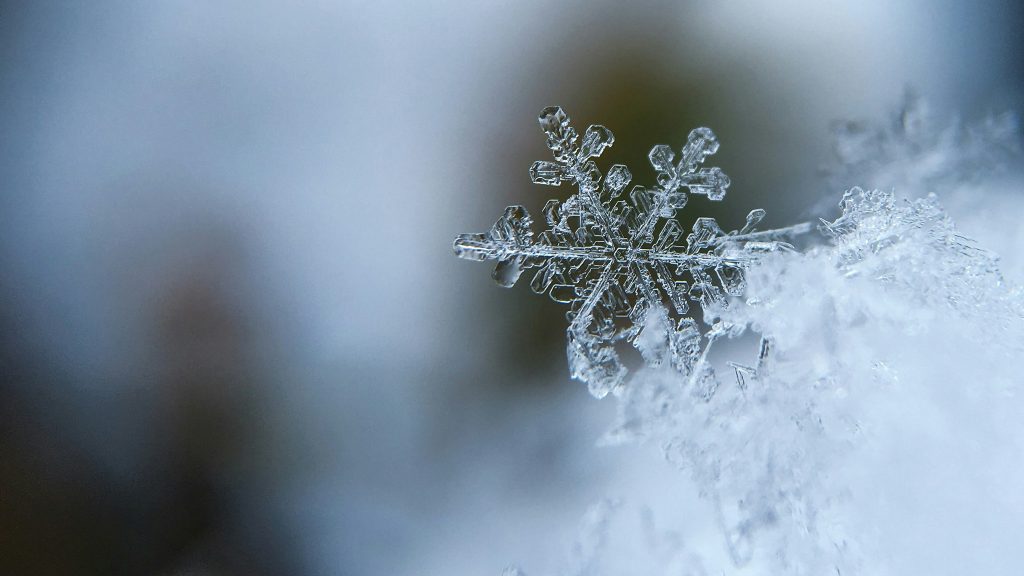 A close-up of a single, detailed snowflake resting on a cluster of snow, with a blurred blue and white background.